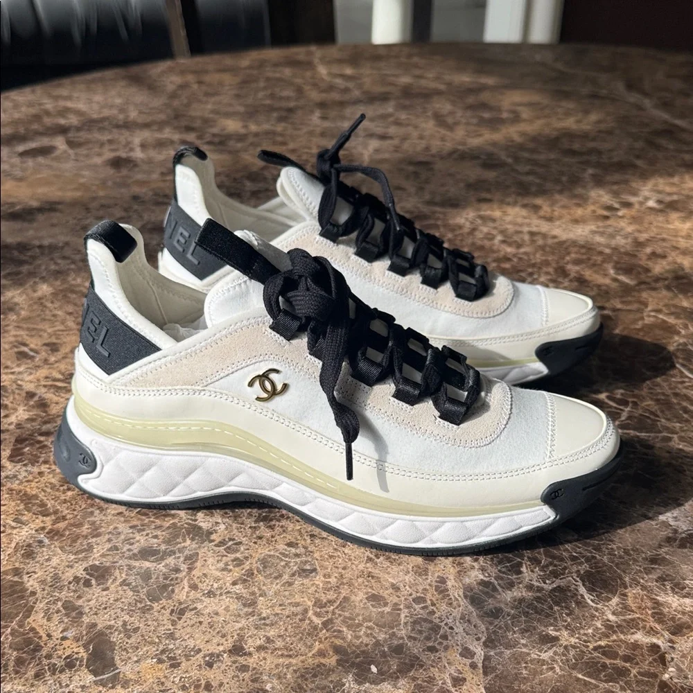 Chanel rev sneakers trainers flats ivory velvet calfskin shoes sz 41
